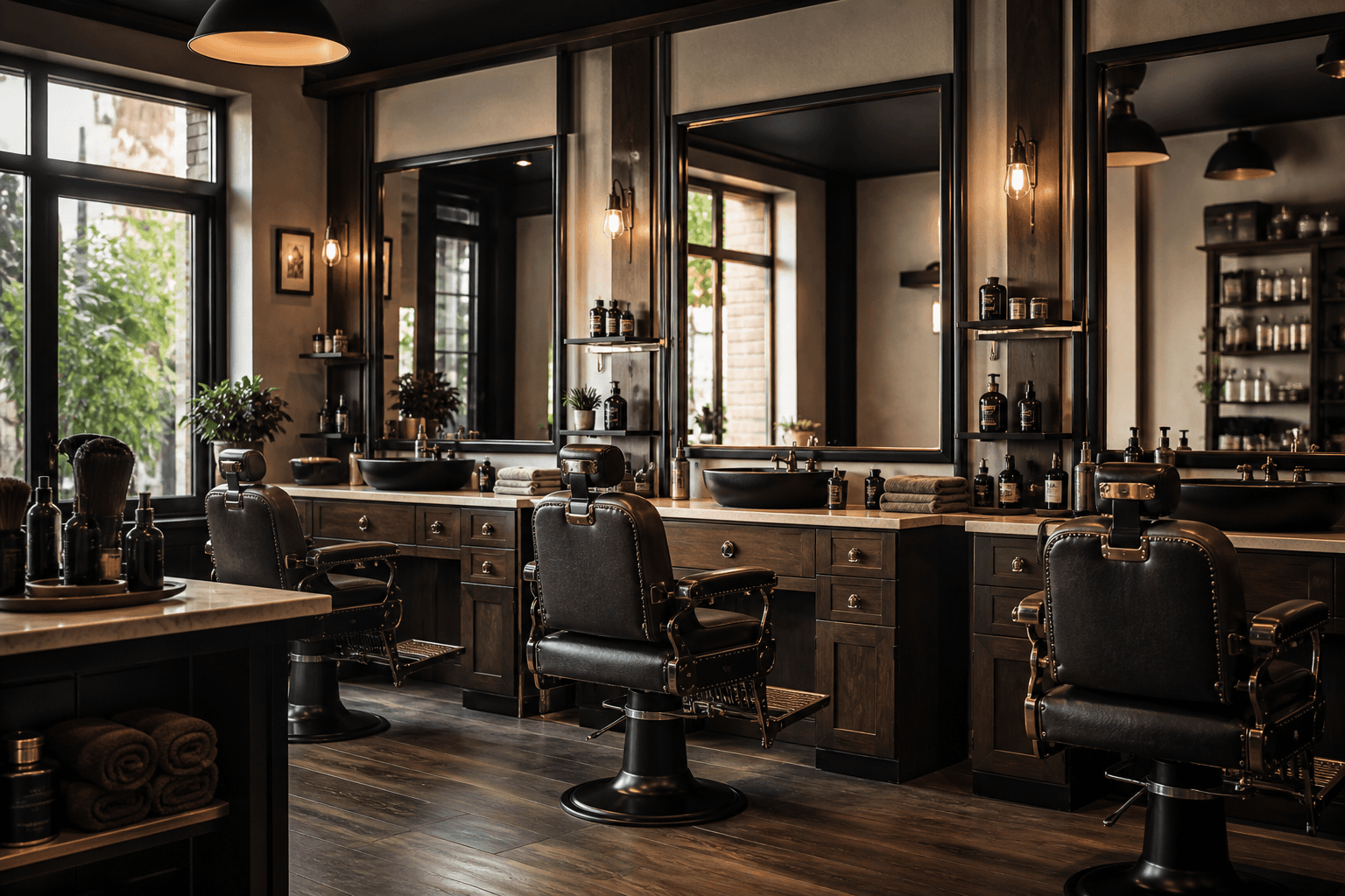 Interior elegante e acolhedor da barbearia Corte Nobre